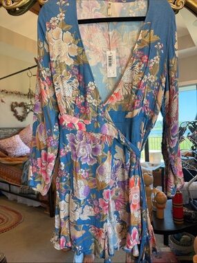 Spell Blue Floral Wrap Mini Dress